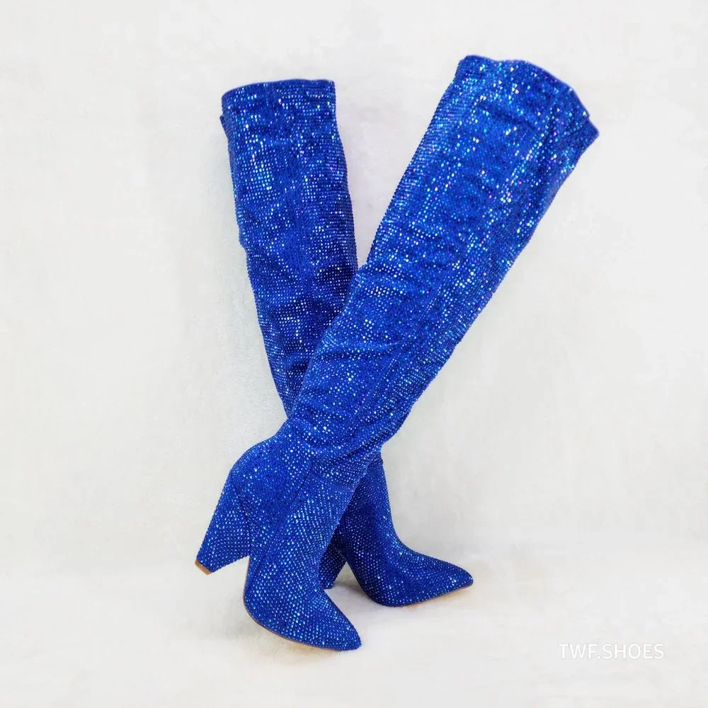 Vegas Blue Rhinestone Over the Knee Thigh boots 4.25" Cone Cut Heels Party Boots